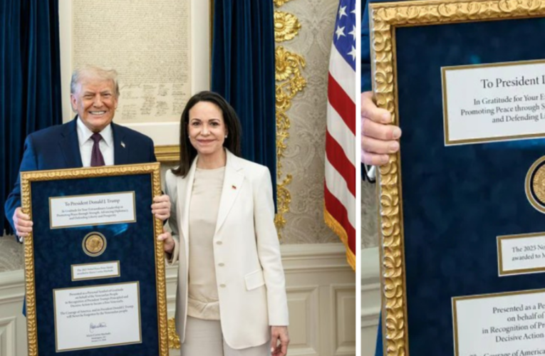 La foto del momento cuando María Corina Machado le ‘obsequió’ a Donald Trump su Premio Nobel de la Paz: ‘Es una mujer extraordinaria’